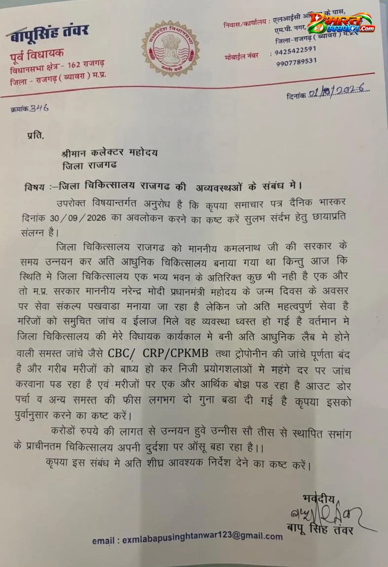 जिला चिकित्सालय राजगढ़ की व्यवस्थाओं को लेकर कलेक्टर को पत्र