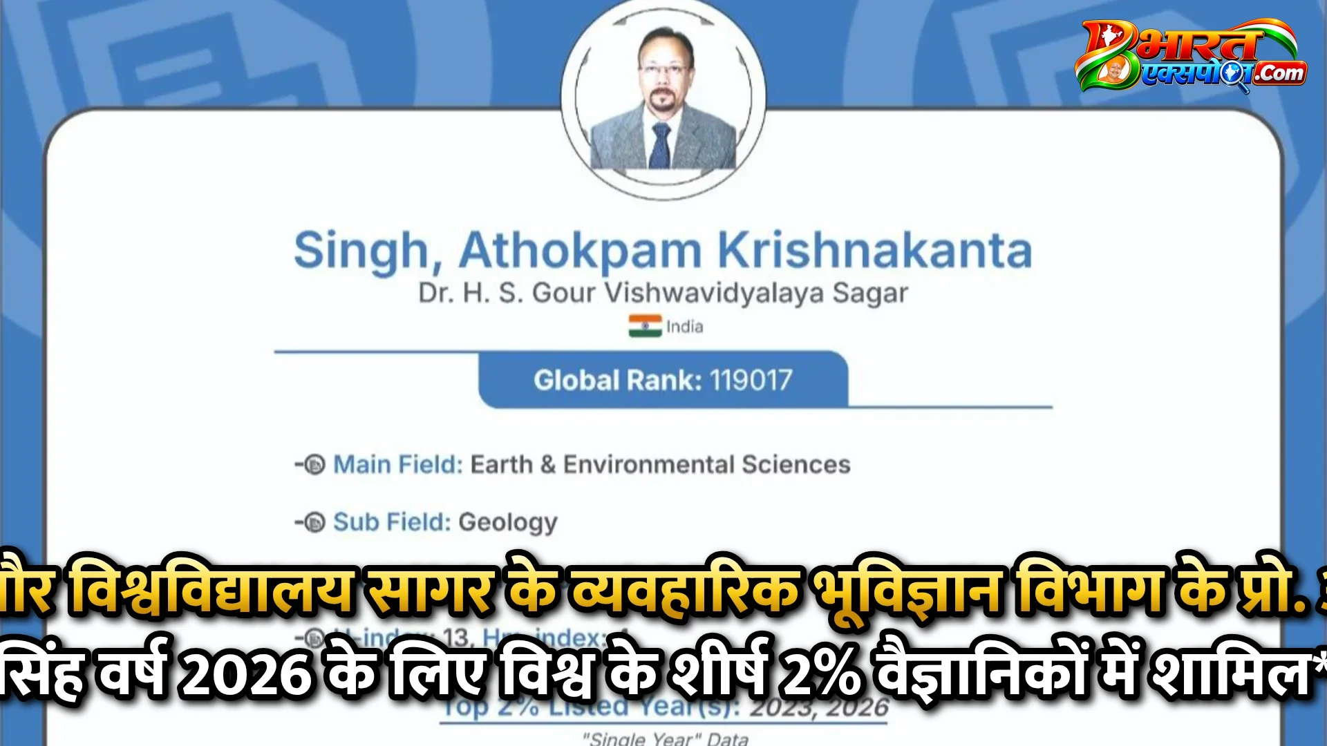 डॉ. हरिसिंह गौर विश्वविद्यालय सागर के व्यवहारिक भूविज्ञान विभाग के प्रो. अथोकपम के. सिंह वर्ष 2026 के लिए विश्व के शीर्ष 2% वैज्ञानिकों में शामिल*